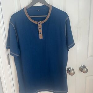 Men's Blue and Tan Henley Shirt